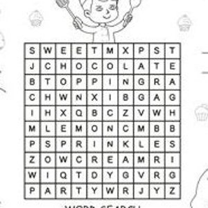 May include: A black and white word search puzzle with the words "sweet", "chocolate", "cherry", "strawberry", "lemon", "topping", "party", and "sprinkles". The puzzle features a chef character holding a whisk and a spoon.
