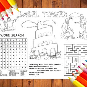 Coloring placemat Babel tower Educational printables  Bible study God is good Names of god  Busy book Faith over fear Personalized bible