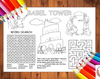 Kleurplaat placemat Toren van Babel Educatieve printables Bijbelstudie God is goed Namen van God Activiteitenboek Geloof boven angst Gepersonaliseerde bijbel