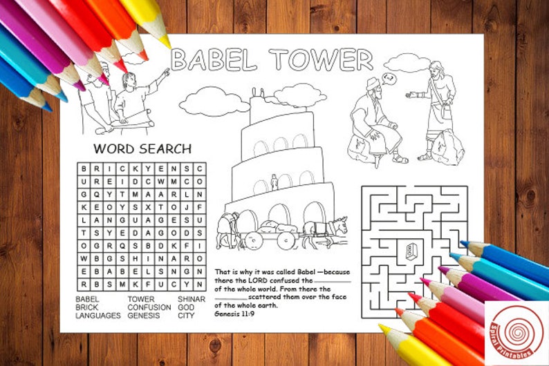 Tischset zum Ausmalen Turmbau zu Babel Lernausdrucke Homeschool-Arbeitsblätter Bibelstudium Bibelgeschichten Wortsuche Bild 1