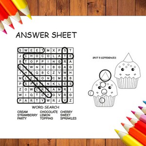 May include: A black and white printable worksheet with a word search puzzle and a spot the difference game featuring two cupcakes. The word search puzzle includes words like 'chocolate', 'topping', 'sprinkles', 'lemon', and 'cream'. The spot the difference game features two cupcakes with five differences between them.