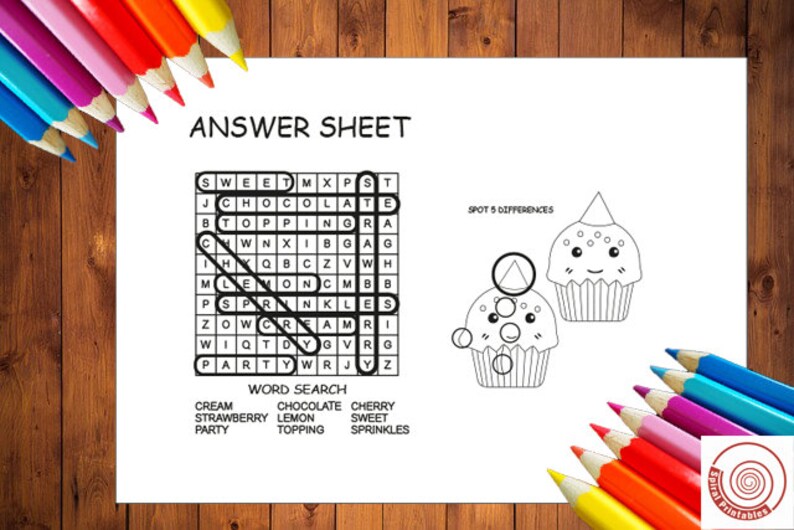 May include: A black and white printable worksheet with a word search puzzle and a spot the difference game featuring two cupcakes. The word search puzzle includes words like 'chocolate', 'topping', 'sprinkles', 'lemon', and 'cream'. The spot the difference game features two cupcakes with five differences between them.