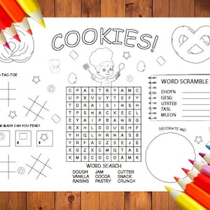 May include: A black and white printable activity sheet with a cookie theme. The sheet includes a word search, word scramble, tic-tac-toe game, and a section to decorate a cookie. The words in the word search are: dough, vanilla, jam, cocoa, cutter, snack, raisins, pastry, and crunch.