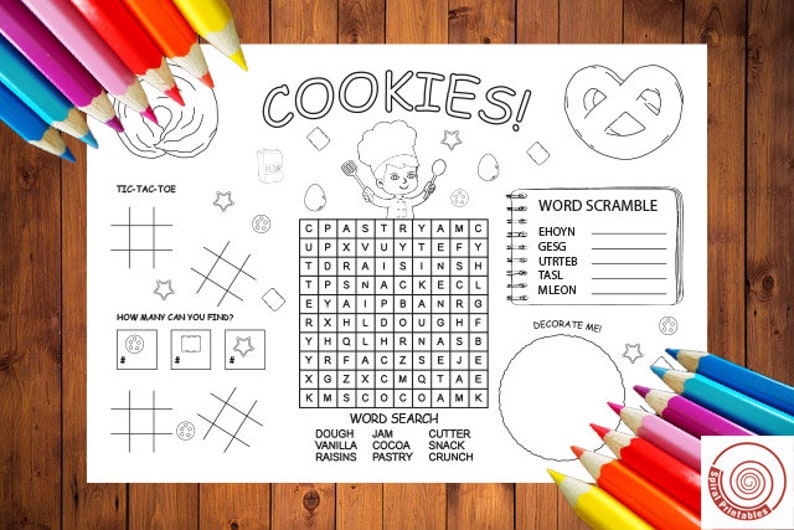 May include: A black and white printable activity sheet with a cookie theme. The sheet includes a word search, word scramble, tic-tac-toe game, and a section to decorate a cookie. The words in the word search are: dough, vanilla, jam, cocoa, cutter, snack, raisins, pastry, and crunch.