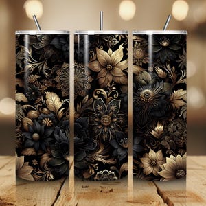 Black and Gold Vintage Flowers Tumbler Wrap 20oz Skinny Tumbler Sublimation Design Digital Download PNG Instant DIGITAL DOWNLOAD seamless