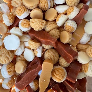 May include: A close-up of a variety of candy, including round, white, and brown candies, as well as long, brown candy bars.
