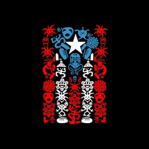 May include: A stylized Puerto Rican flag design featuring a white star on a blue background, surrounded by red and white symbols, including a coqui frog, a Taino sun, and a drum.