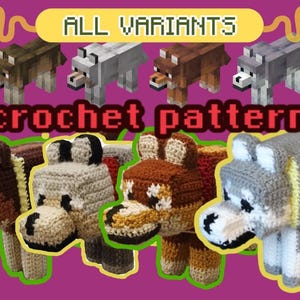 Könnte beinhalten: Das Bild zeigt verschiedene Häkelmuster von Wölfen in Braun-, Grau- und Weißtönen. Der Text lautet "ALL VARIANTS" und "crochet pattern". Die gehäkelten Wölfe sind im Pixel-Stil gestaltet.
