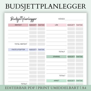 May include: A printable A4 budget planner with sections for income, expenses, savings, and loans. The planner is designed in a light pink and green colour scheme and includes the text "Budsjettplanlegger" which is Norwegian for "Budget Planner".