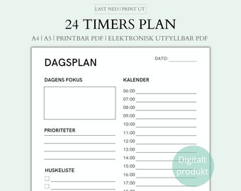 24-timers plan,  Kalender, Dagskalender, Daglig To Do List, Norsk, Daglig Udatert Plan, Utskrift eller Elektronisk utfylling