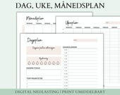 Dagsplan, Ukeplan, Månedsplan, Refleksjon, A4 /A5 Printbar planlegger, Nedlastbar kalender