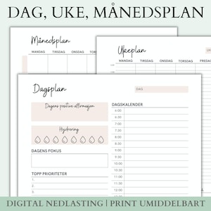 Dagsplan, Ukeplan, Månedsplan, Refleksjon, A4 /A5 Printbar planlegger, Nedlastbar kalender
