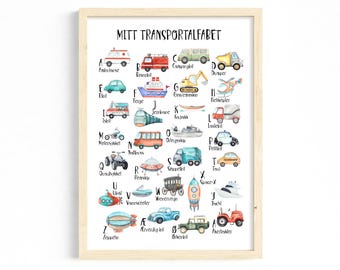 Norsk alfabet plakat z transportem | Cyfrowe ABC z kjøretøy, maski i fartøy | Veggkunst til barnerom og skole