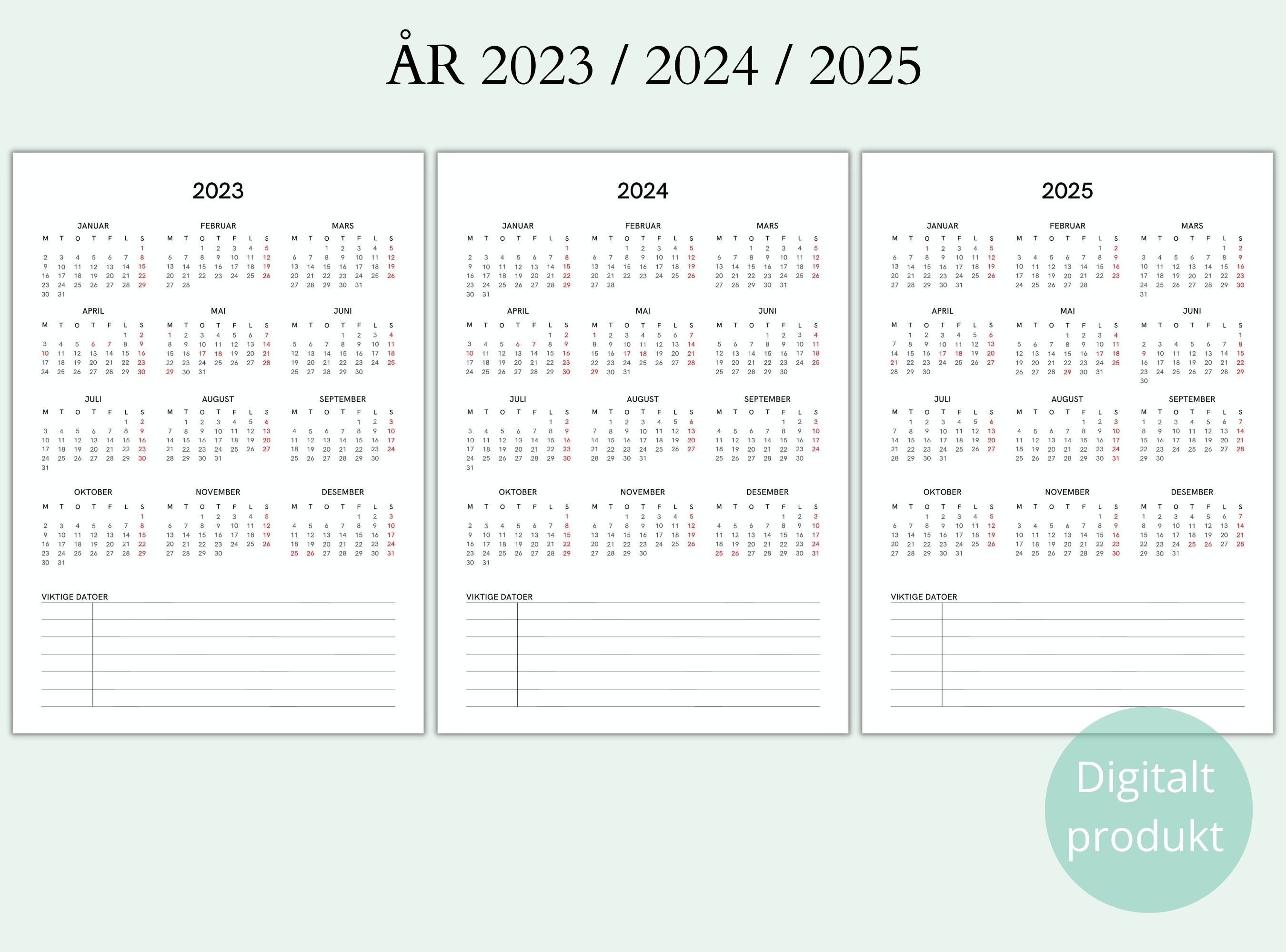 2023 2025 Printbar Kalender, 2024 årskalender, Kalender 12 Måneder, A4, A5, Pdf Etsy