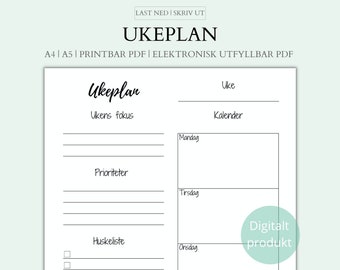 Ukeplan, Ukentlig To Do List, Ukentlig Agenda, Calendrier, Produktivitetsplanlegger, Utskrift eller Elektronisk Utfylling