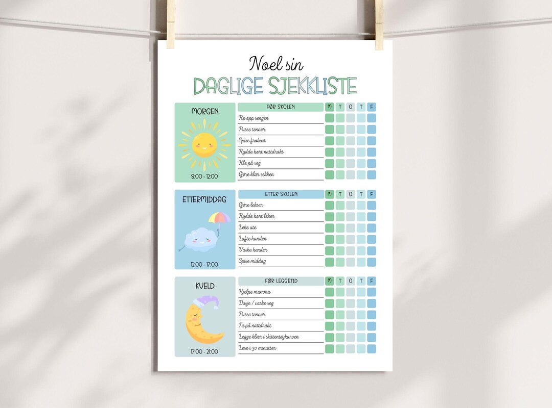 Lære Barn Rutiner, Skjema for Oppgaver Og Husarbeid (PDF, A4, Norsk) - Etsy