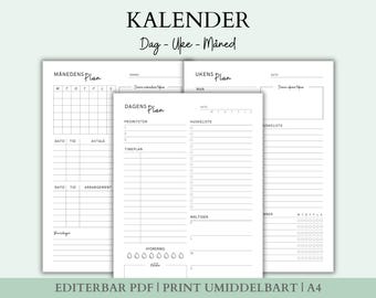 Bundle Dagsplan, Ukeplan, Månedsplan, A4 Printbar planlegger, Nedlastbar kalender, Norsk