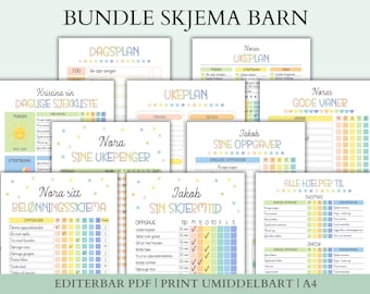 Bundle Oppgaver Barn, Husarbeid, Skjermtid, Belønning, Lære vaner, Ukeplan, PDF, Norsk