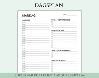Dagsplan, Dagskalender, Daglig To Do List, Daglig Udatert Plan