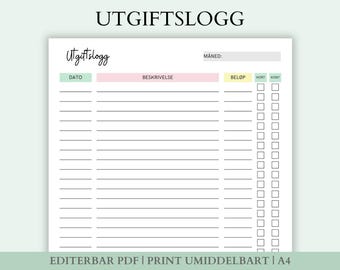 Skjema dla utgifter, utgiftslogg, månedlige utgifter, norsk