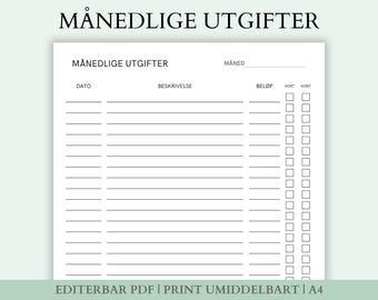 Månedlige utgifter, skjema pour utgifter, budsjett, norsk