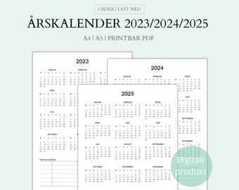 2023 - 2025 printbar kalender, 2024 årskalender, kalender 12 måneder, A4, A5, pdf