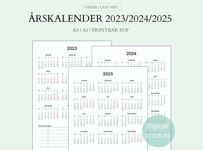 2023 2025 Printbar Kalender, 2025 årskalender, Kalender 12 Måneder, A4, A5, Pdf - Etsy