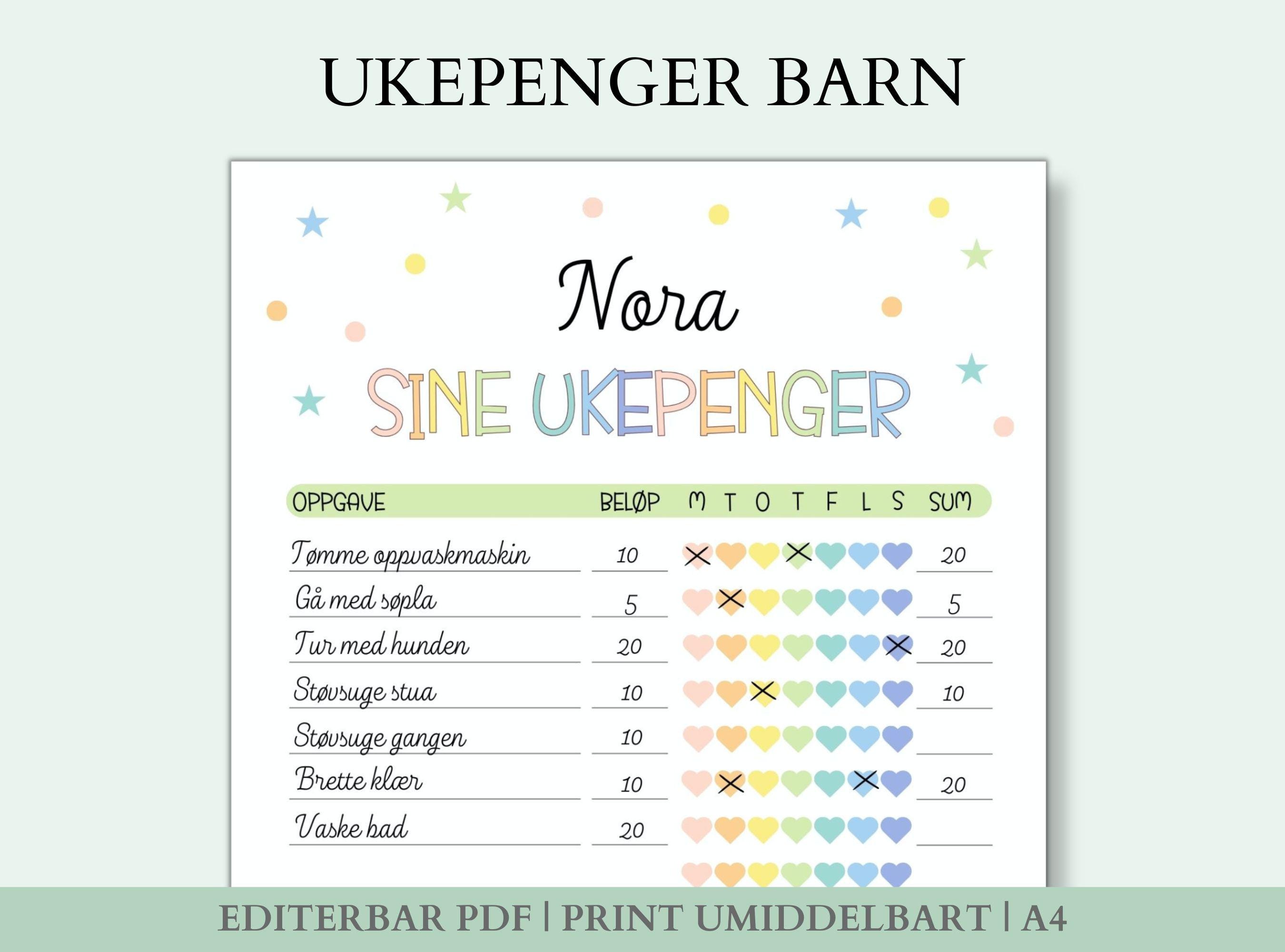 Skjema for Ukepenger for Barn, Motivasjon for Husarbeid, Ukelønn - Etsy  Sweden, image size:2700x2000