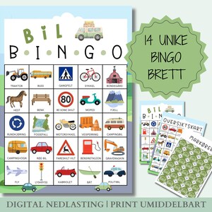 May include: A colorful Bingo game with transportation-themed illustrations, including a tractor, bus, and bicycle. The game set includes a Bingo board, overview cards, and marker cards. Text on the board reads "Bil Bingo".