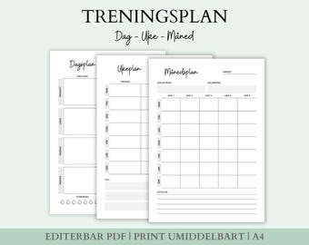 Trenings- og kostholdsplan, Dagsplan, Ukeplan, Månedsplan, A4 Printbar planlegger, Nedlastbar kalender