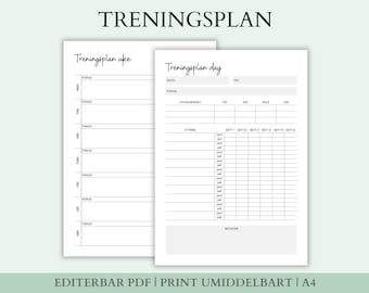 Treningsplan, Dagsplan, Ukeplan, Månedsplan, A4 Printbar planlegger, Nedlastbar kalender