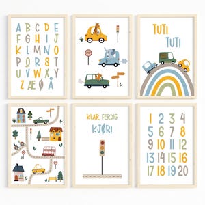 May include: Set of six framed art prints with a transportation theme. The prints feature an alphabet, numbers, cars with animal drivers, a road map, a traffic light, and the text "TUT! TUT!" and "KLAR FERDIG KJØRI".