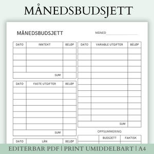 Könnte beinhalten: Ein druckbarer monatlicher Haushaltsplan in Schwarzweiß mit dem Titel "MÅNEDSBUDSJETT" in Fettdruck, was im Deutschen "Monatsbudget" bedeutet. Der Planer enthält Abschnitte für Einnahmen, Ausgaben und eine Zusammenfassung.