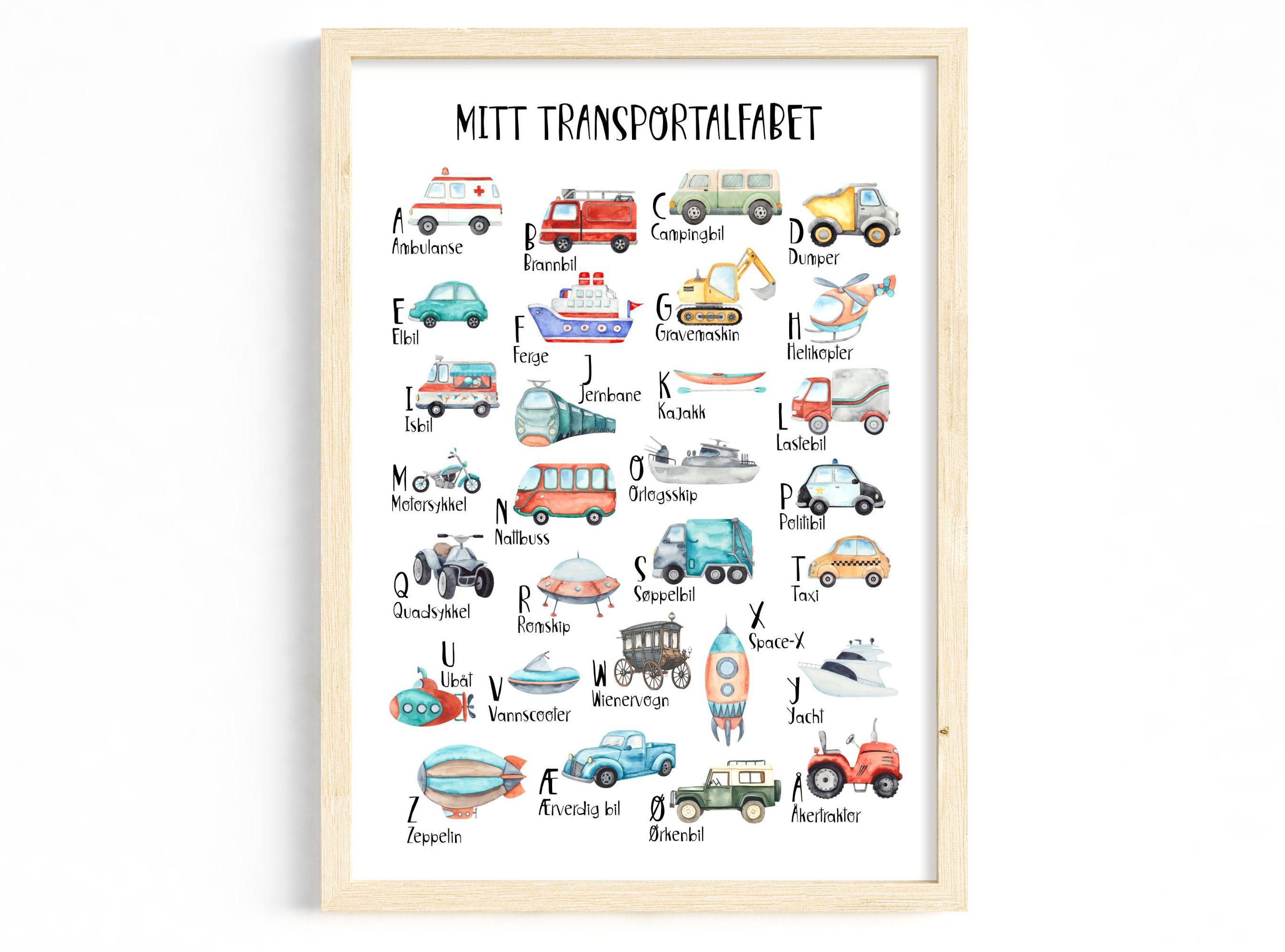 Norsk Alfabet Plakat Med Transport | Digital ABC Med Kjøretøy, Maskiner ...