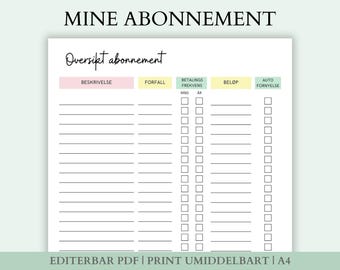 Oversikt over abonnement, skjema for utgifter, budsjett, A4, norsk