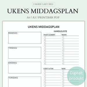 Matplan + Handleliste, Måltidsplanlegger med innkjøpsliste, Ukemeny template, Middagsplanlegger, A4/A5 Printbar PDF, Utskrift