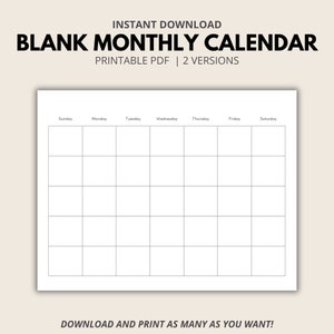 Blank Monthly Printable Calendar, Undated Calendar Template, A4 Calendar Download, Undated Planner, DIY Monthly Calendar, Monthly Agenda