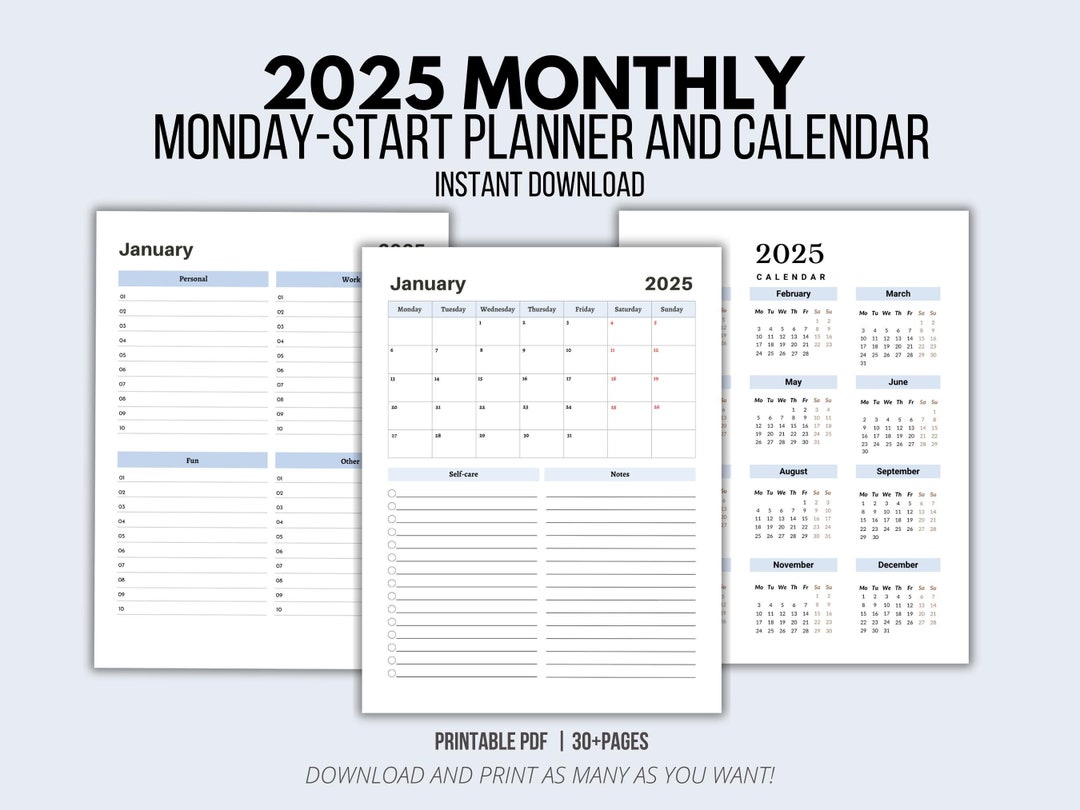 2025 Planner Printable Bundle, Dated Monthly Calendar, Monday Start