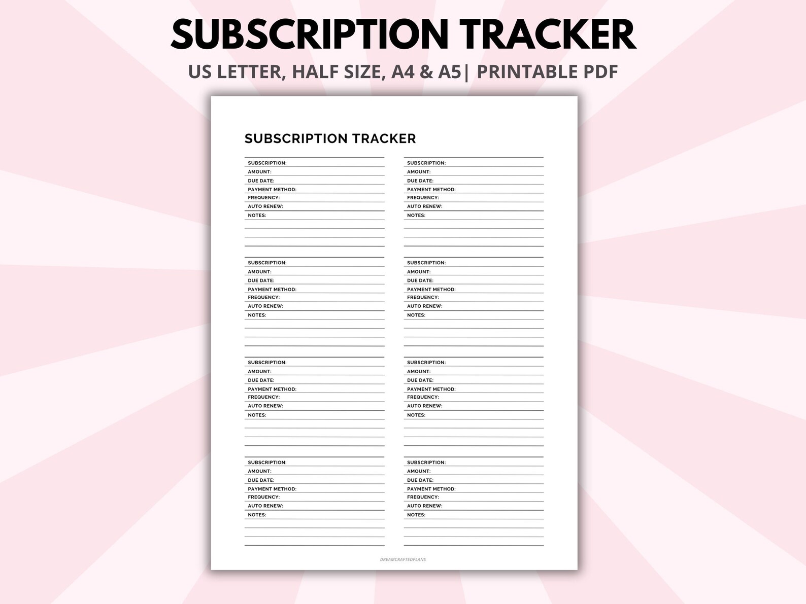 Subscription Tracker Printable, Budget Template (A4, A5, US Letter) - Etsy