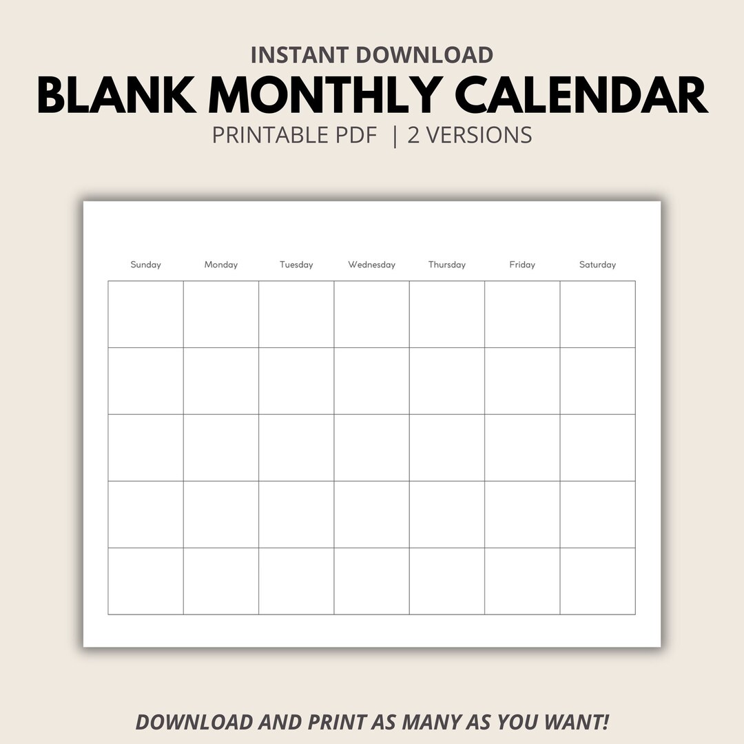 Blank Monthly Printable Calendar, Undated Calendar Template, A4 ...