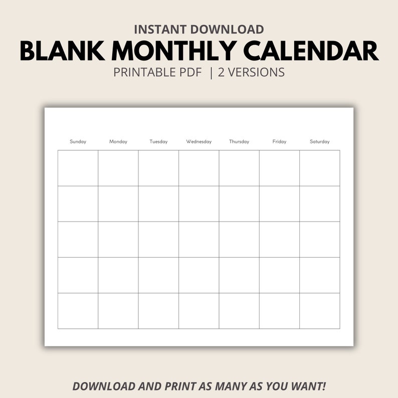 Blank Monthly Printable Calendar, Undated Calendar Template, A4 ...