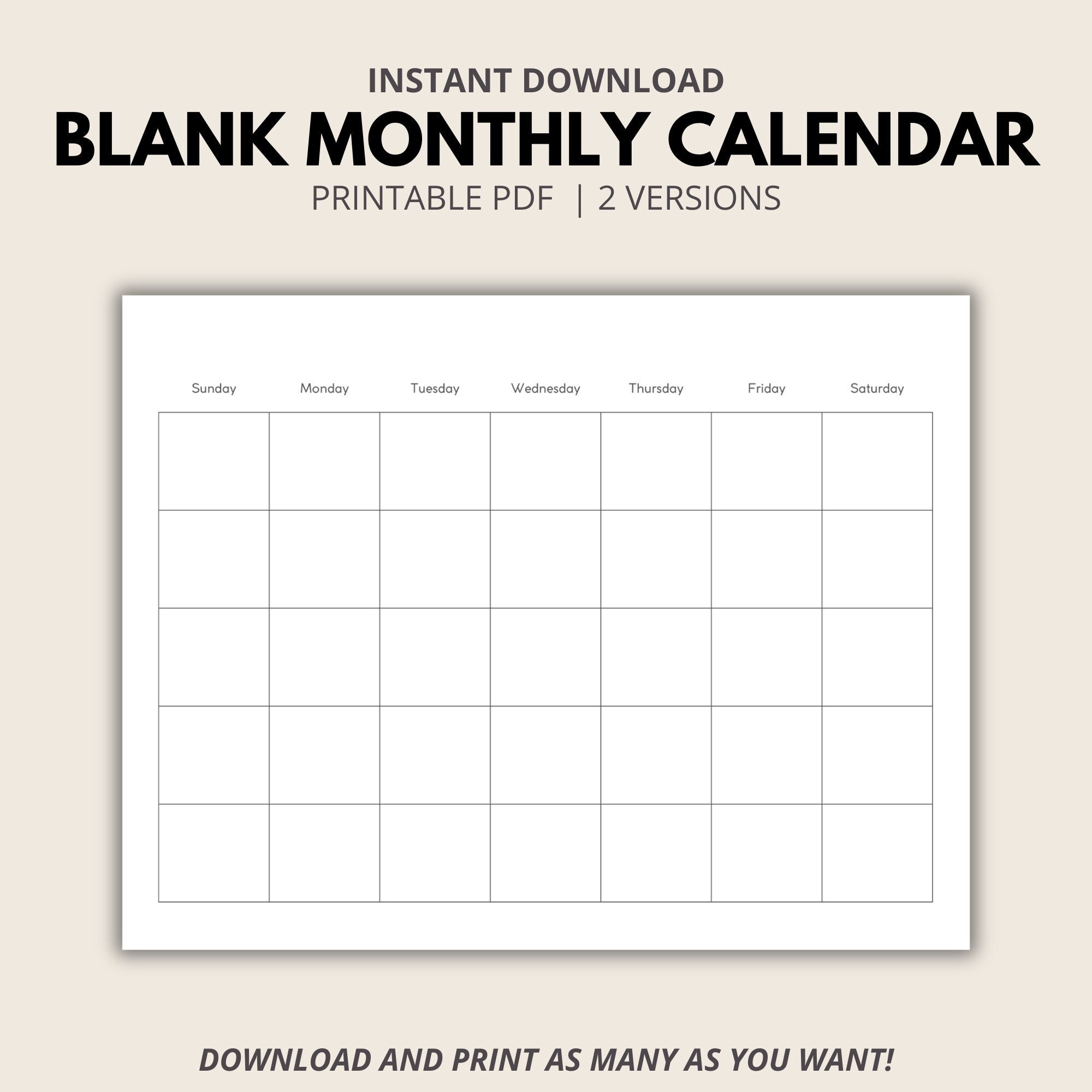 Blank Monthly Printable Calendar, Undated Calendar Template, A4 ...