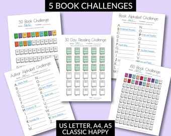 May include: Five printable book challenge trackers with different themes: 50 Book Challenge, Author Alphabet Challenge, 30 Day Reading Challenge, Book Alphabet Challenge, and 100 Book Challenge. Each tracker has a title, a start date, a completed date, and a grid of squares to track progress.