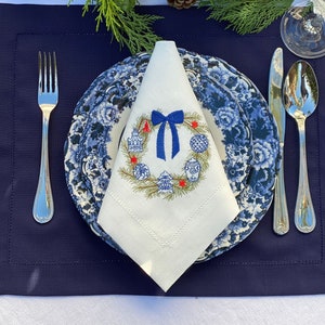 Exquisite Chinoiserie Christmas Wreath Linen Napkin Christmas Holiday Decor-Embroidered Cloth Dinner napkin-Hostess gift Unique image 1