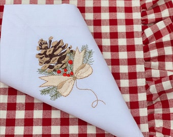 リネンテーブルクロス＆ナプキンセット：刺繍入り冬の鳥、モミの実の