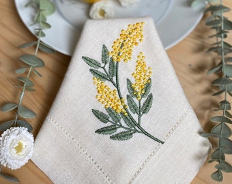 Bestickte Mimose Leinen Servietten | Vintage Servietten | Servietten Frühling | Hochzeit-Servietten | Hohlsaum Leinen Servietten | Einweihungsgeschenk