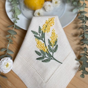 Embroidered Mimosa Linen Napkins | Vintage Napkins | Spring dinner napkins | Wedding Napkins | Hemstitched Linen Napkins | Housewarming Gift