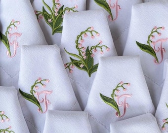 Luxury Lily of the Valley Embroidered Wedding Napkins — Personalized Linen