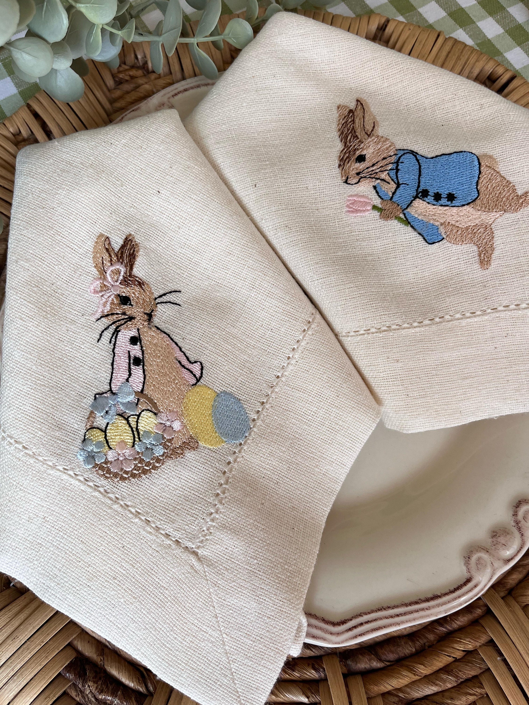 Peter Rabbit Easter Napkins - Embroidered linen napkins -Easter Tablescape- Easter gift - Hostess gift-
