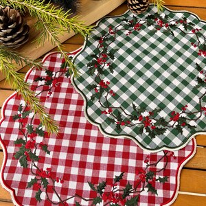 Holly Christmas Placemat Table Decor, Scalloped Edge Mat, Embroidered image 7